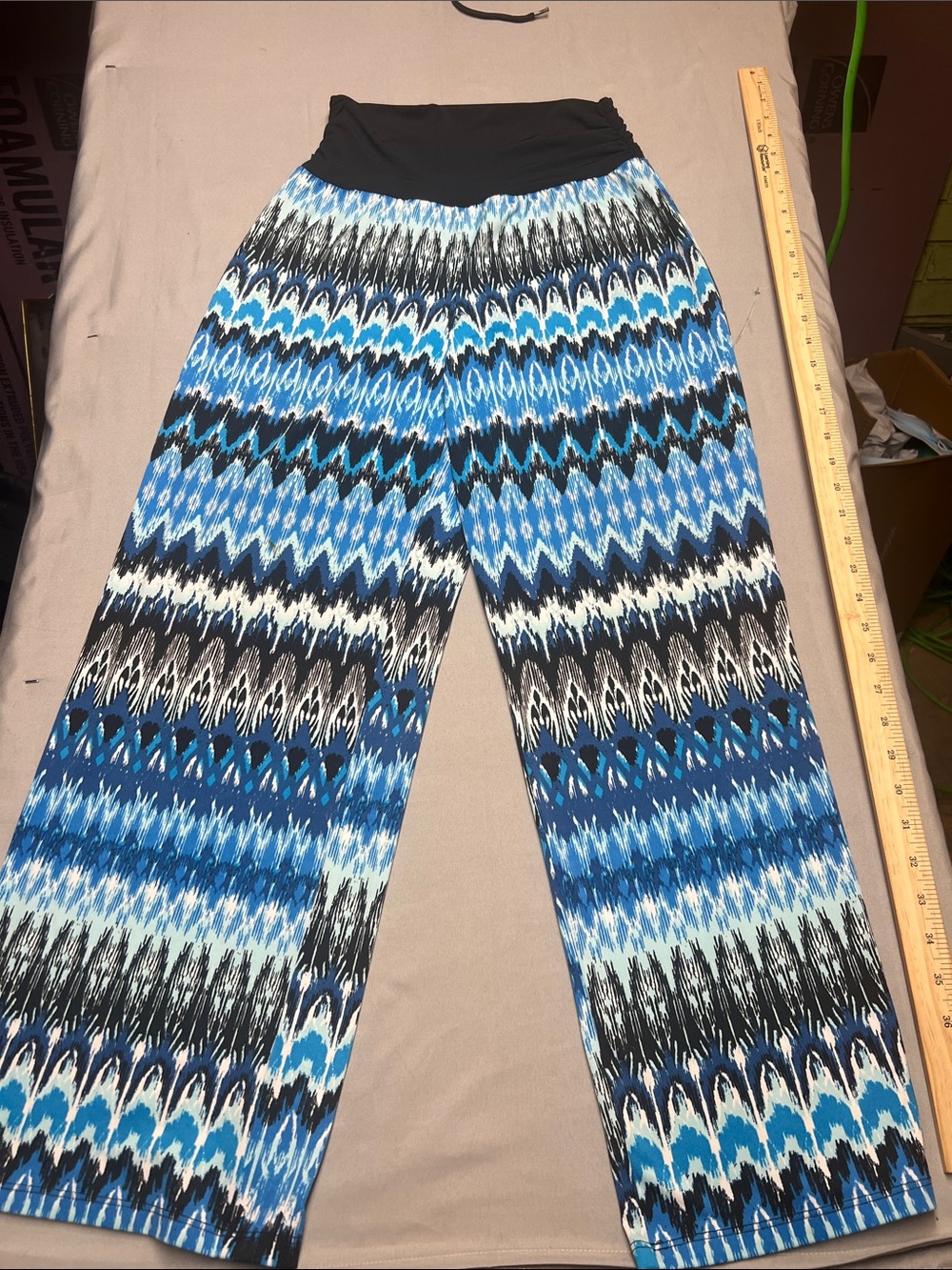 Blue Pattern Wide Leg Palazzo Pants with Black Waistband